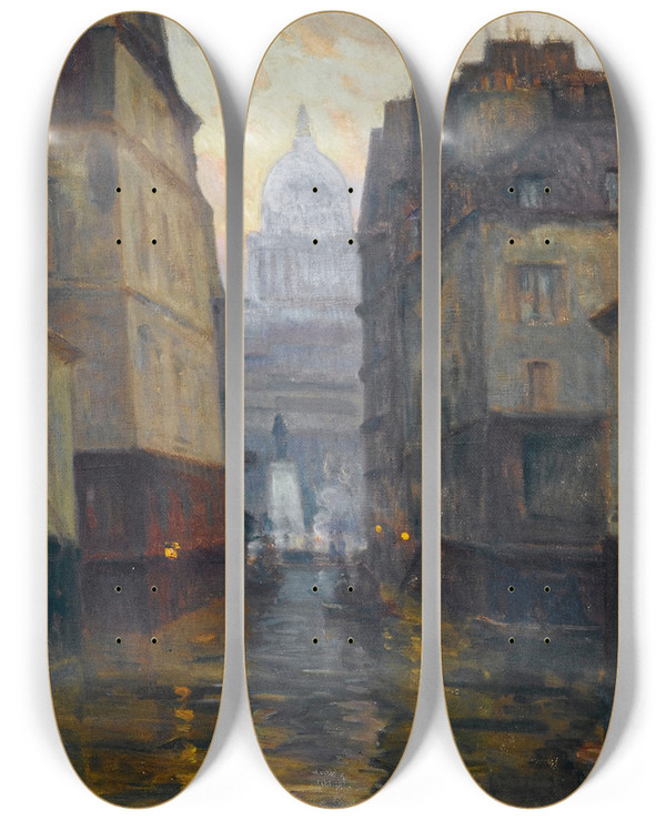 Triptych art skateboard deck of Germain Eugne Bonneton La Rue Du Hautpav Vers La Place Maubert Inondations De 1910 by Germain Eugene Bonneton (1874-1915)
