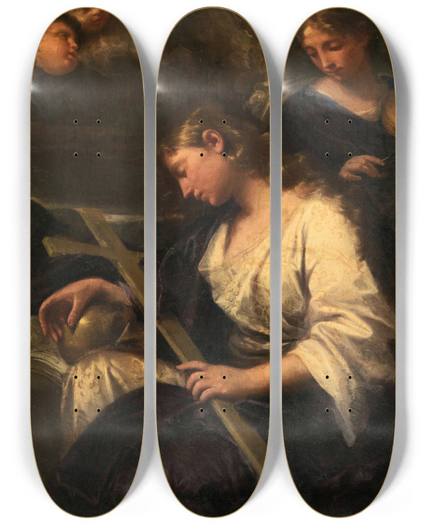 Triptych art skateboard deck of Lorenzo Pasinelli The Penitent Mary Magdalene Accompanied By An Angel Playing A Violin Behind by Lorenzo Pasinelli (1629-1700)