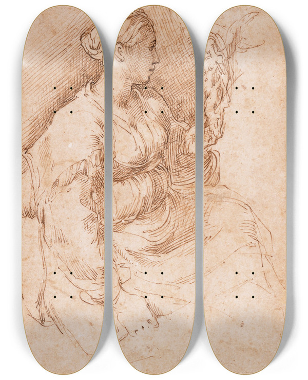 Triptych art skateboard deck of Parmigianino Woman Seated Holding A Statuette Of Victory by Parmigianino (1503-1540)