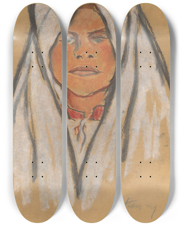 Triptych art skateboard deck of Zolo Palugyay Head Of A Girl In A White Scarf by Zolo Palugyay (1898-1935)