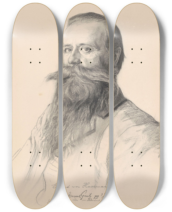Triptych art skateboard deck of Ismal Gentz The Man Of Letters Eduard Von Hartmann From Berlin by Ismael Gentz (1862-1914)