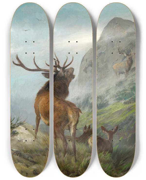 Triptych art skateboard deck of Carl Friedrich Deiker Rhrender Rothirsch by Carl Friedrich Deiker (1836-1892)