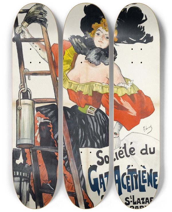 Triptych art skateboard deck of Ferdinand Lunel Socit Du Gaz Acetylene by Ferdinand Lunel (1857-1933)