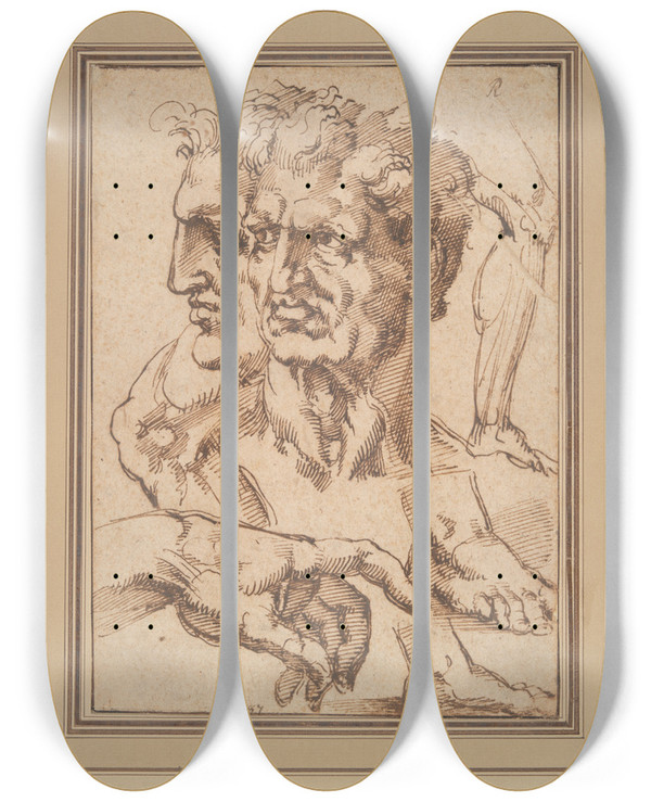 Triptych art skateboard deck of Baccio Bandinelli Sheet Ofstudies by Baccio Bandinelli (1493-1560)