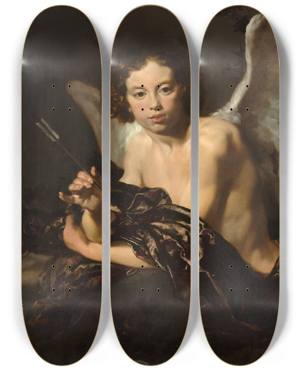 Triptych art skateboard deck of Johann Liss Cupid Amor by Johann Liss (1597-1631)