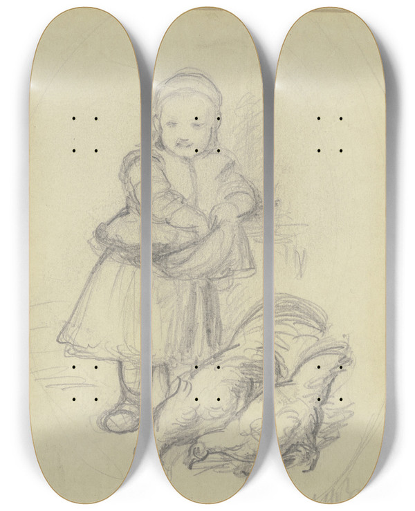 Triptych art skateboard deck of Wilhelm Amandus Beer Kleines Mdchen Hhner Ftternd by Wilhelm Amandus Beer (1837-1907)