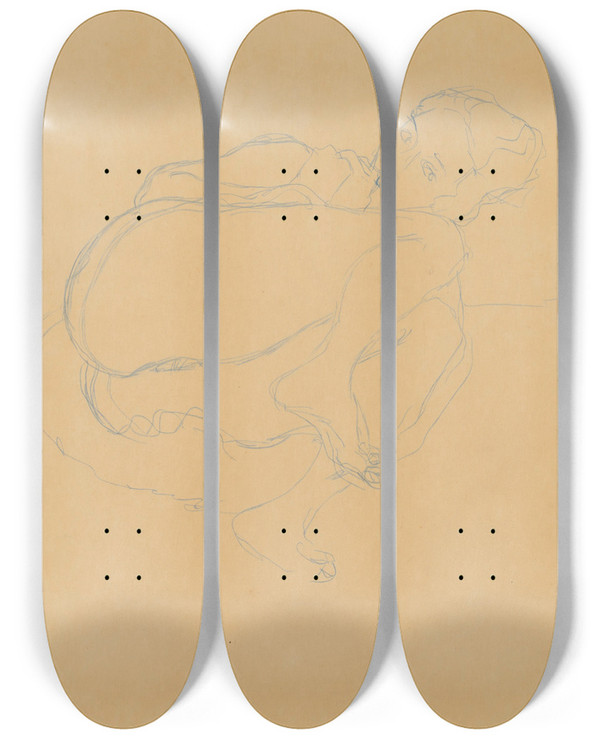 Triptych art skateboard deck of Gustav Klimt Zusammengekauerter Halbakt by Gustav Klimt (1862-1918)