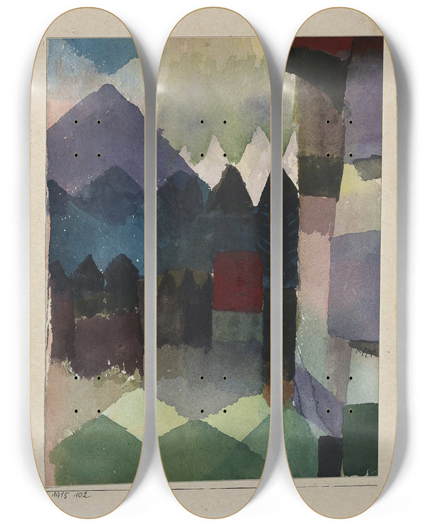 Triptych art skateboard deck of Paul Klee Fhn Im Marcschen Garten by Paul Klee (1879-1940)