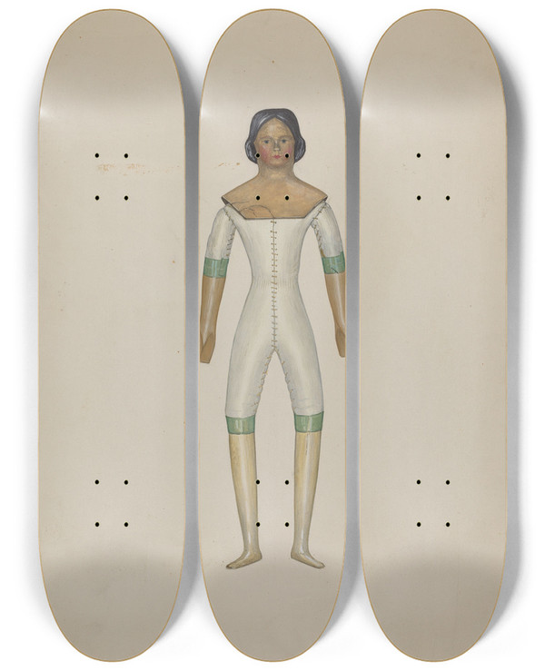 Triptych art skateboard deck of Rex F Bush Doll Drucilla by Rex F Bush (20-)
