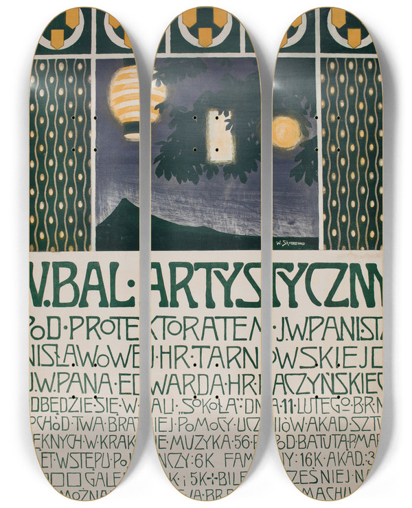 Triptych art skateboard deck of Wadysaw Skoczylas Iv Bal Artystyczny by Wladyslaw Skoczylas (1883-1934)