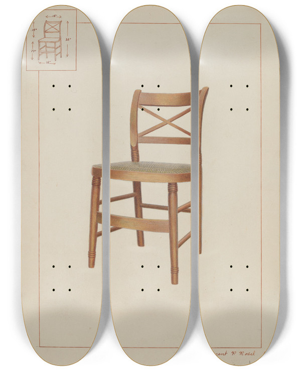 Triptych art skateboard deck of Vincent P Rosel Rush Bottom Chair by Vincent P Rosel