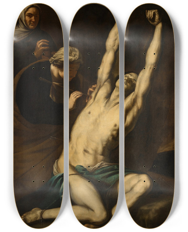 Triptych art skateboard deck of Luca Giordano Saint Sebastian Tended By Saint Irene by Luca Giordano (1634-1705)