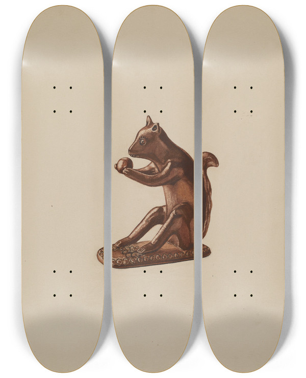 Triptych art skateboard deck of Yolande Delasser Squirrel Statuette by Yolande Delasser (1935)