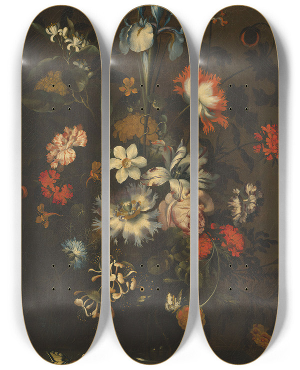 Triptych art skateboard deck of Jan Pieter Brueghel An Iris Carnations Roses And Other Flowers In A Glass Vase On A Ledge With Butterflies by Jan Pieter Brueghel (1628-1664)