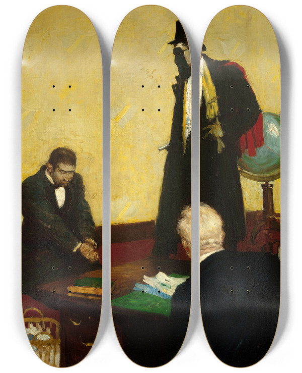 Triptych art skateboard deck of Harvey T Dunn The Masked Man by Harvey T Dunn (1884-1952)