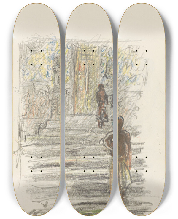 Triptych art skateboard deck of Marius Bauer Figuren Op Een Tempeltrap_1 by Marius Bauer (1867-1932)
