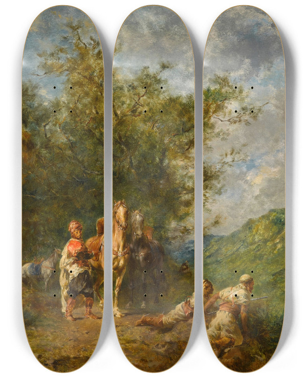 Triptych art skateboard deck of Eugne Fromentin The Ambush by Eugene Fromentin (1820-1876)