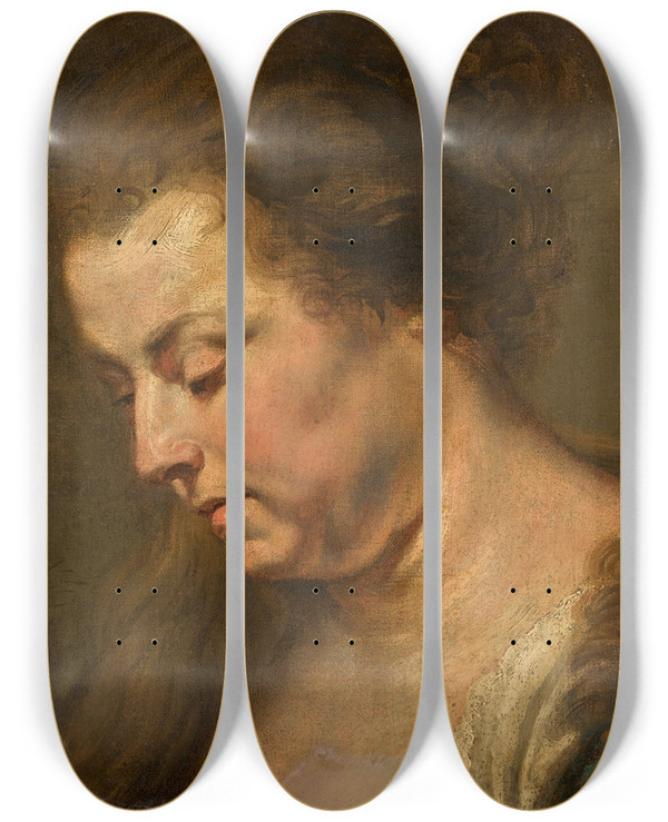 Triptych art skateboard deck of Follower Of Peter Paul Rubens Study For A Womans Head by Follower Of Peter Paul Rubens (1577-1640)