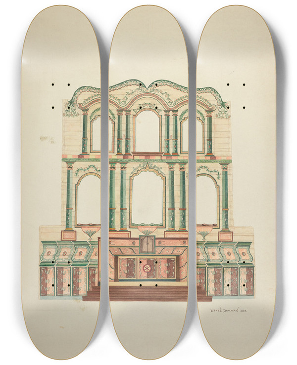 Triptych art skateboard deck of Ethel Dougan Reredosmission San Juan Bautista by Ethel Dougan