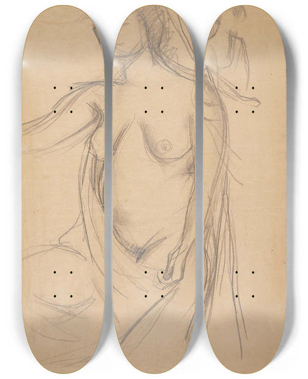 Triptych art skateboard deck of Harald Giersing Kvindelig Model Trekvart Profil Mod Venstre Afskret Ved Knene Samt Et Lille Modelstudie by Harald Giersing (1881-1927)