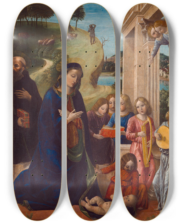 Triptych art skateboard deck of Vincenzo Foppa Adoration Of The Child With St Benedict And Angels by Vincenzo Foppa (1430-1515)