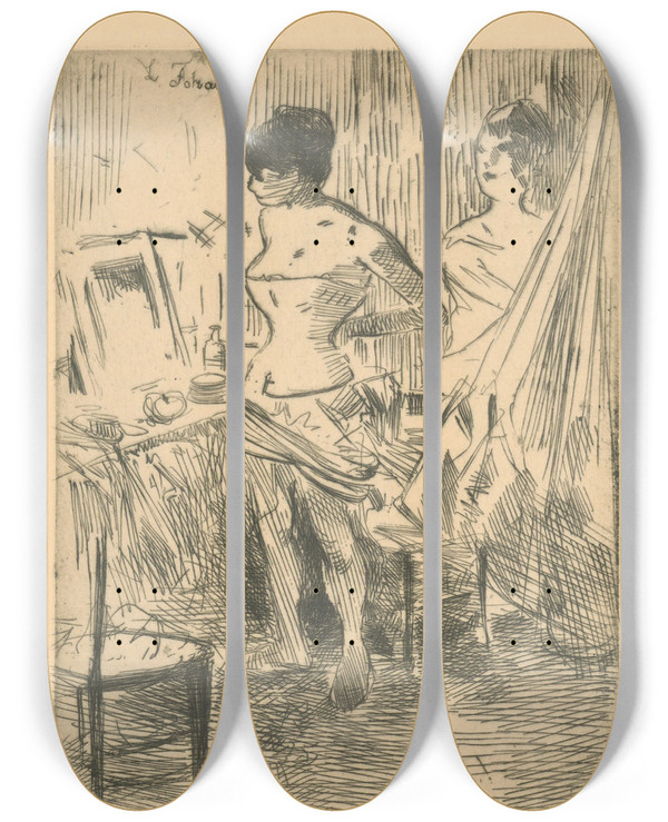 Triptych art skateboard deck of Jeanlouis Forain Preobliekanie_2 by Jean Louis Forain (1852-1931)