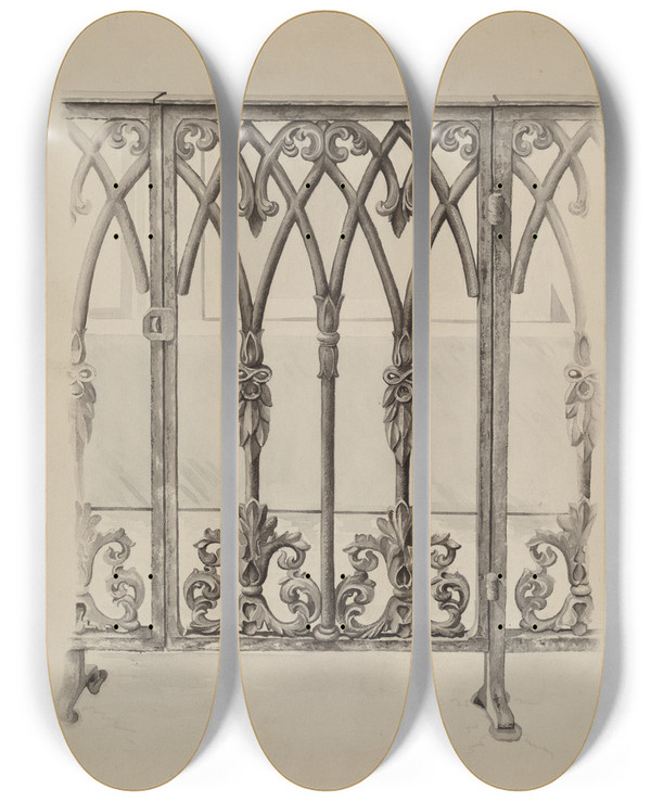 Triptych art skateboard deck of Ray Price Cast Iron Gate Railing by Ray Price (20-)