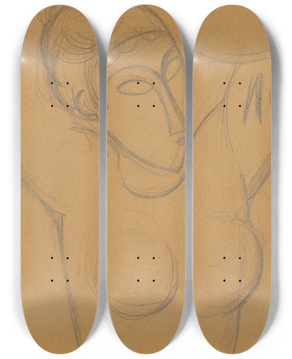 Triptych art skateboard deck of Amedeo Modigliani Buste De Cariatide by Amedeo Modigliani (1884-1920)