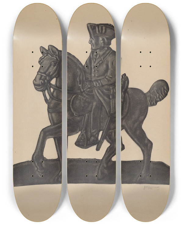 Triptych art skateboard deck of John Wilkes Iron Officer On Horse by John Wilkes