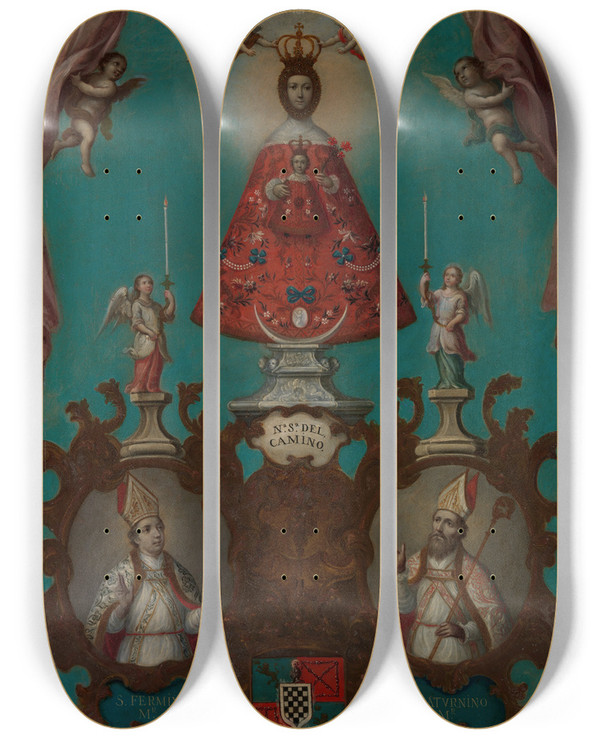 Triptych art skateboard deck of Nicols Enrquez The Virgin Of El Camino With St Fermn And St Saturnino by Nicolas Enriquez (1704-1795)
