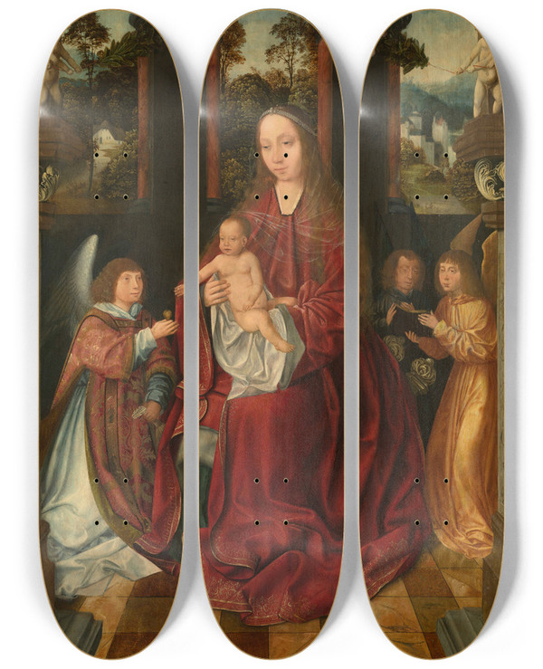 Triptych art skateboard deck of Master Of The Holy Blood Madonna With Angels by Master Of The Holy Blood (1510-1520)