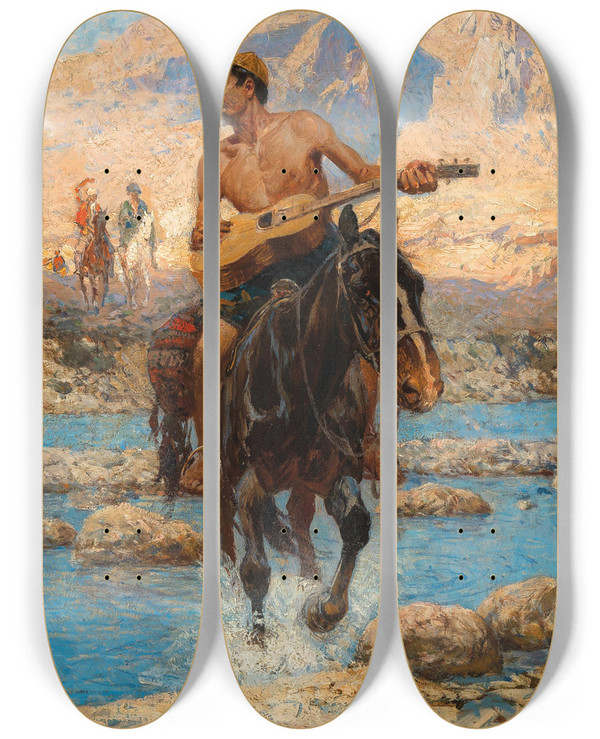 Triptych art skateboard deck of Franz Roubaud A Rider With Guitar Crossing A Ford by Franz Roubaud (1856-1928)