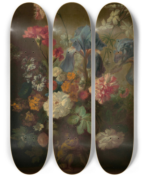 Triptych art skateboard deck of Follower Of Jan Van Huysum Vase Of Flowers Mid18Th Century by Follower Of Jan Van Huysum