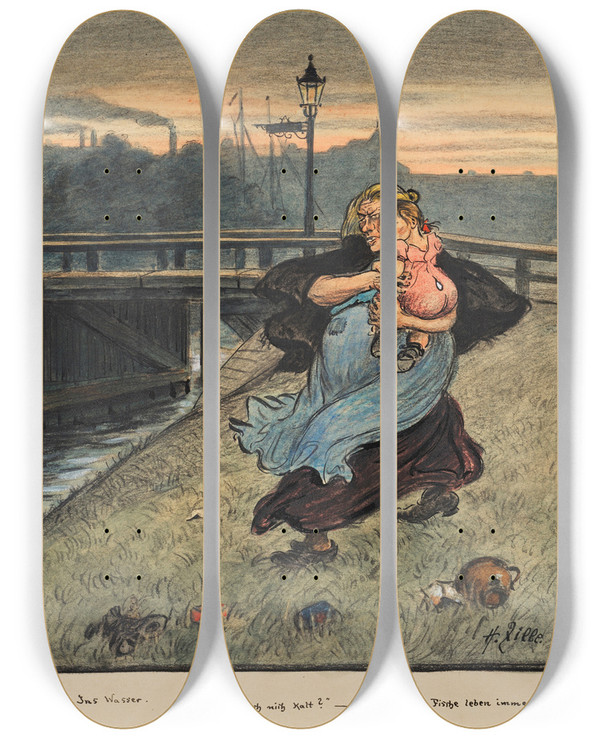 Triptych art skateboard deck of Heinrich Zille Ins Wasser by Heinrich Zille (1858-1929)
