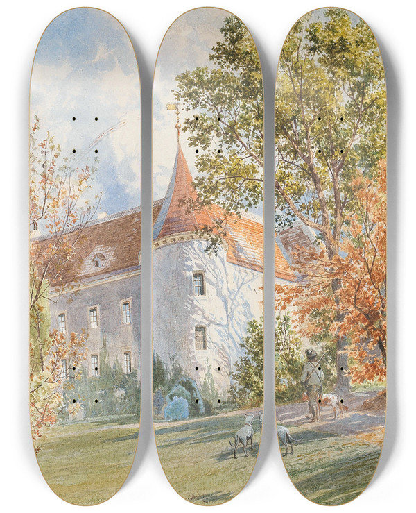 Triptych art skateboard deck of Ludwig Hans Fischer Jagdschlssl Im Herbstlichen Sonnenlicht by Ludwig Hans Fischer (1848-1915)