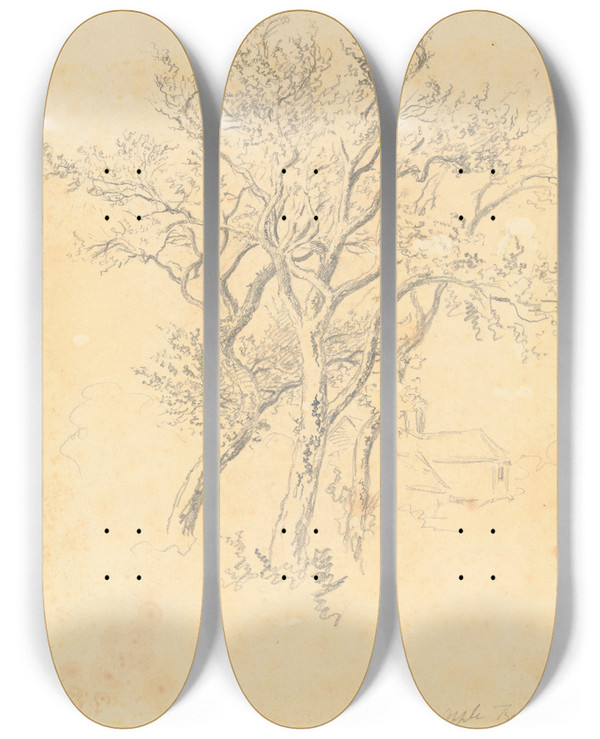 Triptych art skateboard deck of Robert Hills Study Of Apple Trees by Robert Hills (1769-1844)