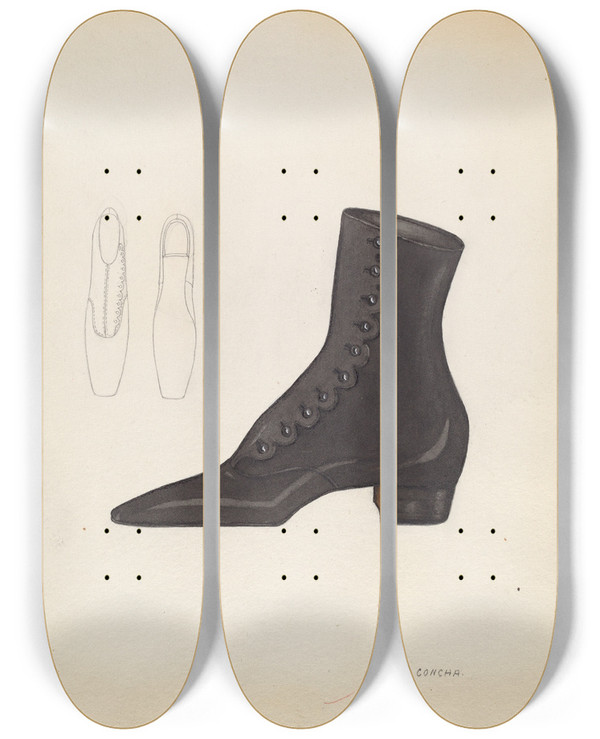 Triptych art skateboard deck of Margaret Concha Womans Shoe_3 by Margaret Concha