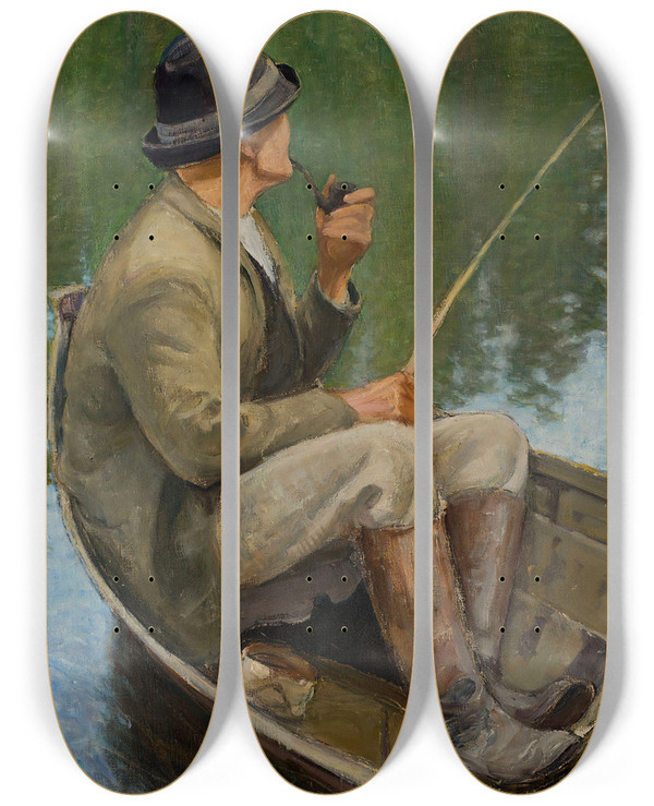 Triptych art skateboard deck of Pekka Halonen Man Fishing by Pekka Halonen (1865-1933)