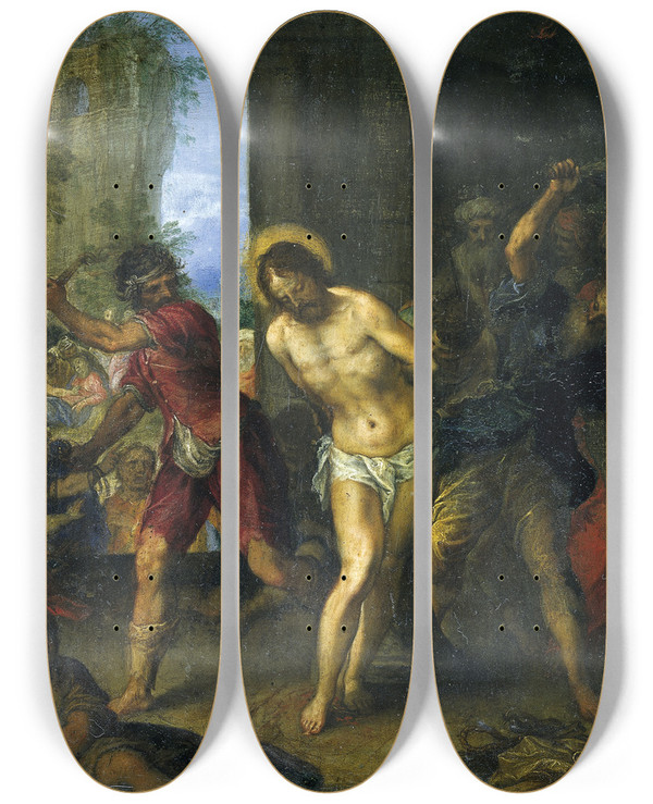 Triptych art skateboard deck of Hans Rottenhammer The Flagellation by Hans Rottenhammer (1564-1625)
