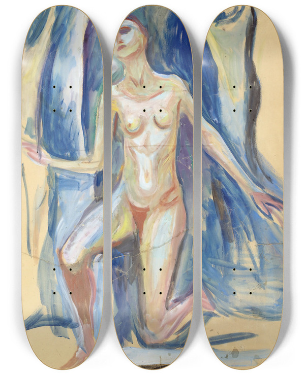 Triptych art skateboard deck of Edvard Munch Kneeling Female Figure by Edvard Munch (1863-1944)