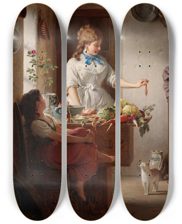 Triptych art skateboard deck of Anton Ebert A Kitchen Idyll by Anton Ebert (1845-1896)