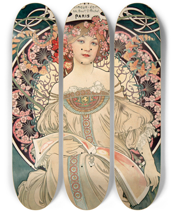 Triptych art skateboard deck of Alphonse Mucha F Champenois Imprimeurediteur by Alphonse Mucha (1860-1939)