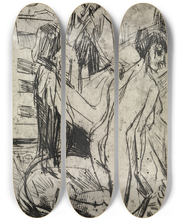 Triptych art skateboard deck of Ernst Ludwig Kirchner Frau Trocknet Eine Badende Ab by Ernst Ludwig Kirchner (1880-1938)
