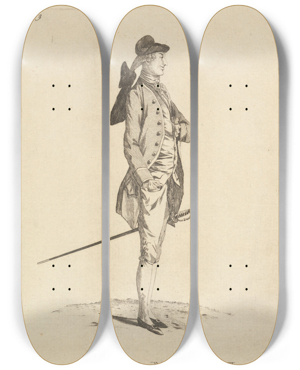 Triptych art skateboard deck of Mary Darly The Bath Macaroni by Mary Darly (1756-1779)