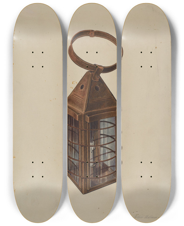 Triptych art skateboard deck of Arthur Mathews Lantern by Arthur Mathews
