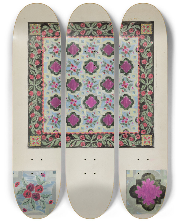Triptych art skateboard deck of James Vail Hooked Rug by James Vail