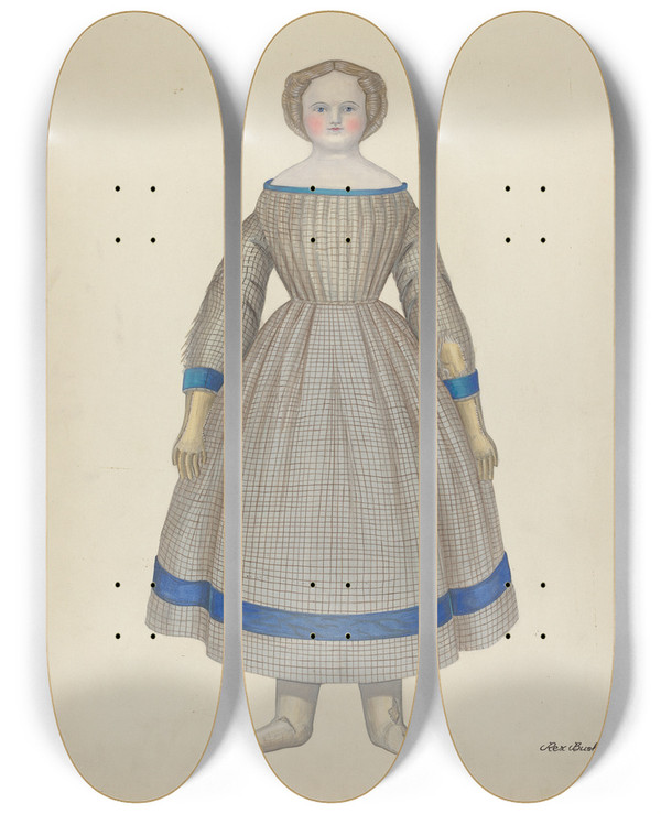 Triptych art skateboard deck of Rex F Bush Doll Emily by Rex F Bush (20-)