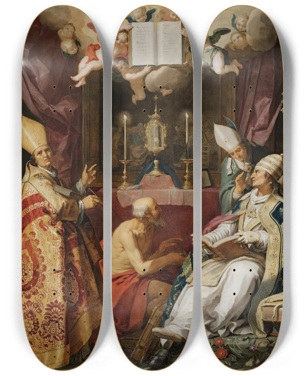 Triptych art skateboard deck of Abraham Bloemaert The Four Fathers Of The Latin Church by Abraham Bloemaert (1564-1651)