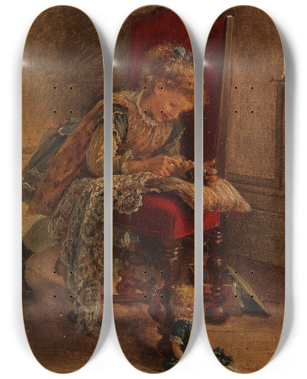 Triptych art skateboard deck of Petronella Peters Der Liebling by Petronella Peters (1848-1924)