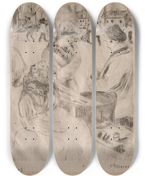 Triptych art skateboard deck of Camille Pissarro Chestnut Vendor by Camille Pissarro (1830-1903)